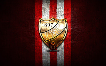 HIFK FC, golden logo, Veikkausliiga, red metal background, football, finnish football club, HIFK FC logo, soccer, IFK Helsingfors HD wallpaper