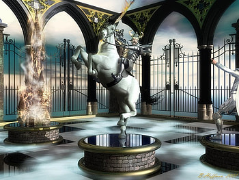 Check Mate, arches, horse, sword, horns, flames, gate, knight, stands, fantasy, fence HD wallpaper