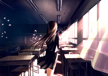Classroom, anime girl, school uniform, long hair, original HD wallpaper