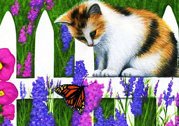 On the Fence, artwork, painting, kitty, blossoms, garden, flowers HD wallpaper