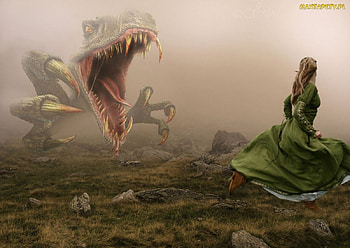 Running For Your Life, teeth, running, fantasy, claws, dinosaur, woman HD wallpaper