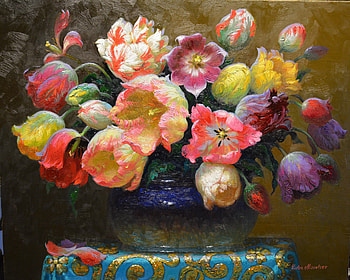 Bouquet of tulips, tulip, bouquet, art, vase, pink, painting, yellow, pictura, flower, victor nizovtsev HD wallpaper
