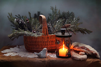 holiday comes, bird, fabric, figurine, burlap, basket, mittens, branch, holiday, cones, candle, christmas, lantern, new year, christmas tree HD wallpaper