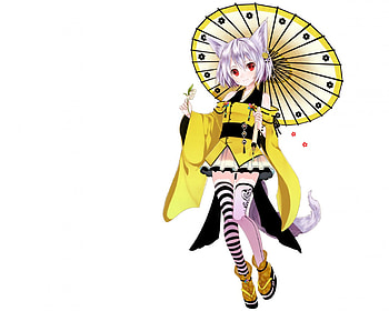 Neko girl, umbrella, kimono, neko, pretty, yellow, girl HD wallpaper