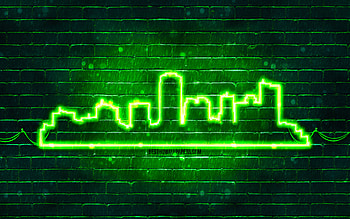 Phoenix green neon silhouette, , green neon lights, Phoenix skyline silhouette, green brickwall, american cities, neon skyline silhouettes, USA, Phoenix silhouette, Phoenix HD wallpaper
