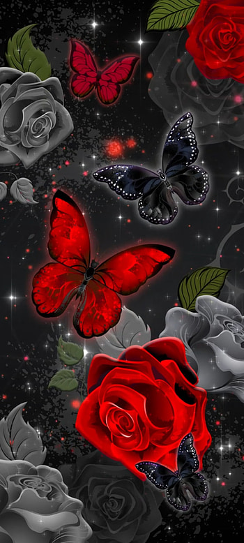 Red Rose and Butterfly, Beautiful, petal, nature, Dark, Premium HD phone wallpaper