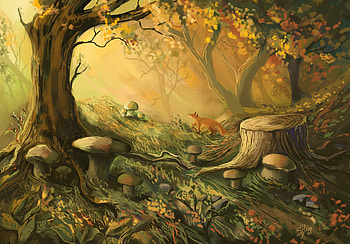 Trees, Art, Mashrooms, Fox, Forest HD wallpaper