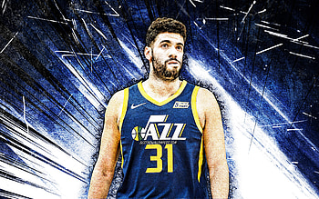 Georges Niang, grunge art, Utah Jazz, NBA, basketball, Georges Niang Utah Jazz, blue abstract rays, Georges Niang HD wallpaper
