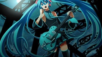 Hatsune Miku, 01, performing, guitar, cute, vocaloid, beauty, miku, vocaloids, hatsune, twintails, sexy, hot, beautiful, anime girl, aqua hair, cool HD wallpaper