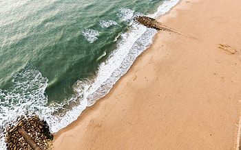 beach, aerial view, waves, coast, evening, sunset, ocean HD wallpaper