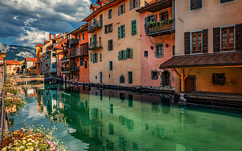 Annecy, canal, evening, Alps, colorful houses, Annecy cityscape, France HD wallpaper