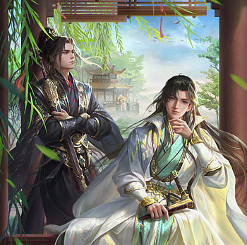 The prince and his guardian, fantasy, green, man, couple, luminos, zhu huali, vara, frumusete, asian, summer HD wallpaper