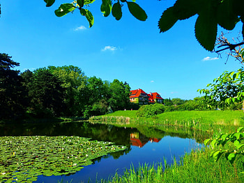 In the suburbs-Germany, river, creek, place, peaceful, houses, serenity, nice, shore, cottages, trees, calm, villas, suburbs, beautiful, grass, summer, leaves, green, branches, sky, Germany, lovely, countryside, stream HD wallpaper