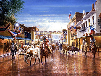 Fort Worth Stock Yards, artwork, cowboys, horses, painting, town, bulls, houses HD wallpaper