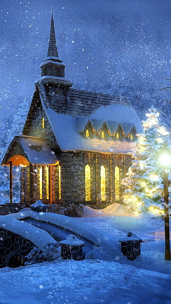 Winter Village, bridge, snowman, snow, church, winter, snowfall, night, artistic, painting, winter night, night snow HD phone wallpaper