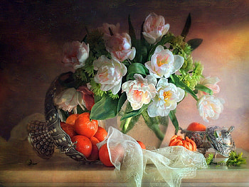 Tangerines and peonies, tangerines, oranges, peonies, light, flowers HD wallpaper