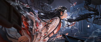 Possession, blue, frumusete, xiaofan zhang, fantasy, red, fish, girl, water, pesti HD wallpaper