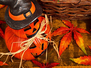 Halloween Pumpkin, scary, fall, basket, artwork, season, leaves, light, face, pumpkin HD wallpaper