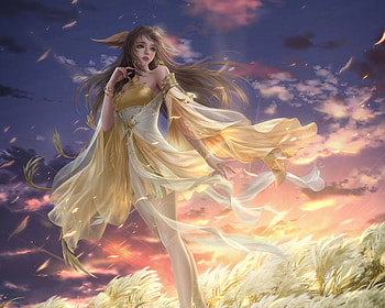 Fantasy girl, view from down, c s, hyj, cloud, sunset, frumusete, gorgeous, csart, girl, elf, wind, superb, breeze, chen shuai, fantasy, hyjart, yellow, luminos, sky HD wallpaper
