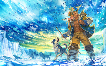 walking on ice, dog, clouds, man, ice HD wallpaper