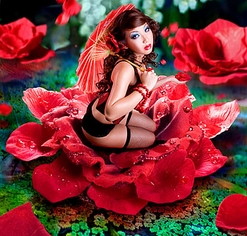 Garden of Petals, umbrella, roses, fantasy, petals, red, garden, beautiful, woman HD wallpaper