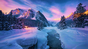 Lake Louise, Banff NP, Alberta, winter, snow, colors, clouds, landscape, sky, mountains, sunset, canada HD wallpaper