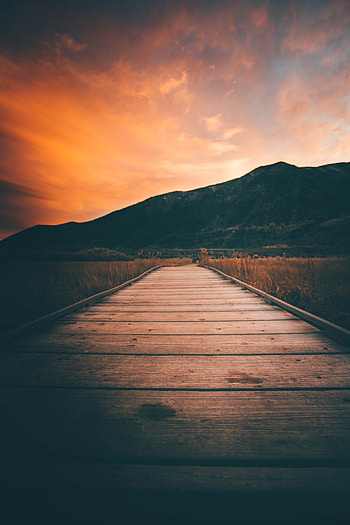 Nature, Sunset, Mountains, Pier, Wood, Wooden, Boardwalk, Flooring, Decking HD phone wallpaper
