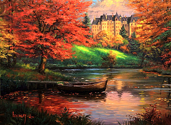 Colorful of Autumn, boat, cities, attractions in dreams, colors, paintings, love four seasons, lakes, leaves, trees, autumn, nature, fall season HD wallpaper