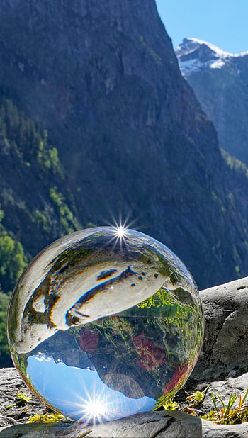 Glass (Other), Glass ball, Reflecting mountains, Ultra HD phone wallpaper