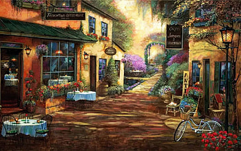 French Town, artwork, restaurant, chairs, painting, tables, flowers, houses HD wallpaper