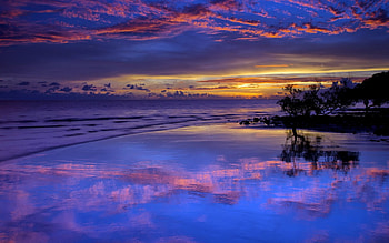 Sunset, blue, sea, clouds, sky HD wallpaper