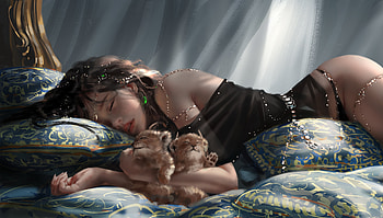 :), black, leu, frumusete, cub, art, gorgeous, cute, lion, eolian, superb, wlop, fantasy, ghostbkade, princess, sleep HD wallpaper