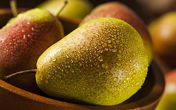 Dew-kissed pear, Refreshing fruit, Glistening drops, High-quality resolution HD wallpaper