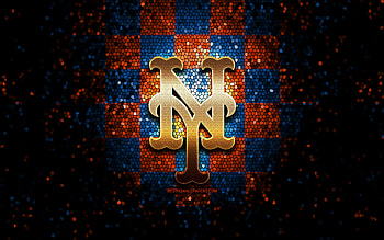 New York Mets emblem, glitter logo, MLB, orange blue checkered background, american baseball team, Major League Baseball, mosaic art, baseball, New York Mets, NY Mets HD wallpaper