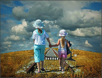 The adventure, country, pink outfit, blue sky, train track, clouds, girls, holding hands, blue outfit, hats HD wallpaper