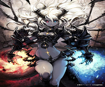 Shingeki No Bahamut, sexy, sword, horns, red eye, hot, blue eye, long hair, armor, shinageki no bahamut, fire blue, white hair, cool, warrior, fire red HD wallpaper
