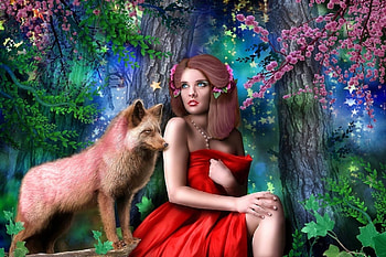 ~Beautiful with Fox~, woods, weird things people wear, girl, digital art, fox, woman, creative pre-made, love four seasons, fantasy, manipulation, flowers HD wallpaper