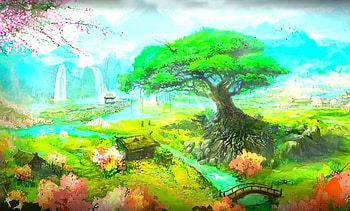 Fantasy world, colorful, magic, landscape, waterfalls, tree, fantasy, fields, nature, splendor HD wallpaper