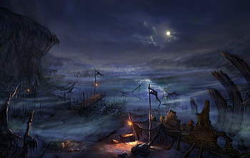 Night, blue, boat, ship, house, dark, halloween, moon, fantasy, water HD wallpaper