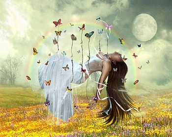 Carry Off To Dreamland, Moon, Flowers, Woman, Butterflies, Rainbow HD wallpaper