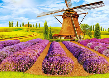 Mill in lavender field, art, mill, house, peaceful, beautiful, summer, wind, field, lavender, sky HD wallpaper