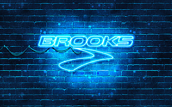Brooks Sports blue logo, , blue brickwall, Brooks Sports logo, brands, Brooks Sports neon logo, Brooks Sports HD wallpaper