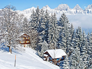 Winter Holiday House in Swiss Alps, firs, snow, landscape, switzerland, mountains HD wallpaper