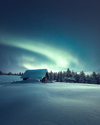 Winter, hut, landscape, northern lights HD phone wallpaper