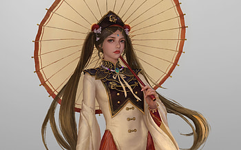 Magical girl, superb, ayaoyao, frumusete, fantasy, yellow, gorgeous, parasol, girl HD wallpaper