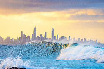 Golden hours, sea waves, cityscape HD wallpaper