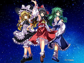 Touhou Girls, reimu hakurei, awesome, sanae kochiya, stars, anime girls, witch, anime, miko, touhou, cool, shrine maiden project, marisa kirisame HD wallpaper