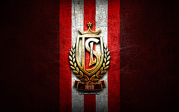 Standard Liege FC, golden logo, Jupiler Pro League, red metal background, football, belgian football club, Standard Liege logo, soccer, Royal Standard Liege HD wallpaper