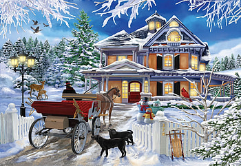 Winter Visit, snowman, winter, birds, horse, coach, house, snow, dogs, digital HD wallpaper