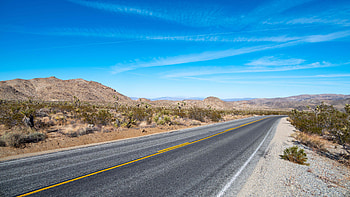 Road Between Dry Bushes Cactuses Sand Desert Mountain Under Blue Sky During Daytime Nature HD wallpaper